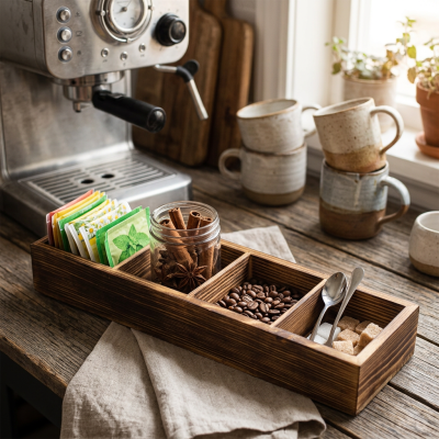 קופסת אחסון מעץ מלא בעיצוב רטרו לתיונים ותבלינים – שדרוג לפינת הקפה