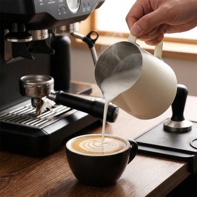 קנקן הקצפה מקצועי Bincoo מפלדת אל-חלד עם סקאלת מדידה ללאטה ארט