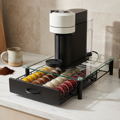 מעמד מגירה יוקרתי לקפסולות Vertuo – שילוב זכוכית ומתכת לאחסון 40 קפסולות