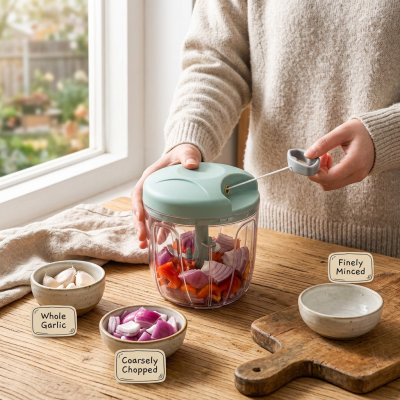 קוצץ ירקות ובצל ידני עוצמתי - מגרסה רב-תכליתית לשום, בשר וירקות (500/900 מ"ל)