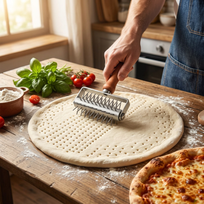 גלגלת ניקוב מקצועית לבצק ופיצה - נירוסטה עם ידית עץ לתוצאה פריכה