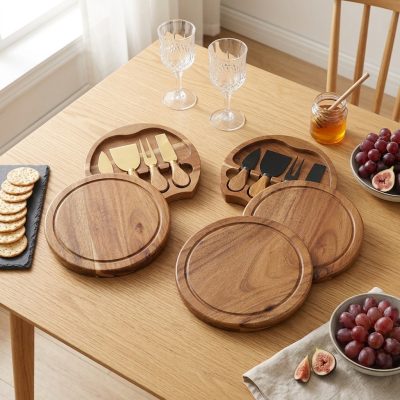 סט לוח גבינות וסכיני חיתוך מקצועיים מעץ שיטה – אירוח בסטייל אירופאי