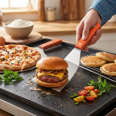 שפכטל מטבח מקצועי מנירוסטה להמבורגר, פיצה וגריל עם ידית עץ