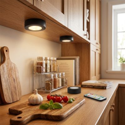 תאורת לד עגולה מתחת לארון עם שלט רחוק – פתרון מושלם למטבח ולמזווה