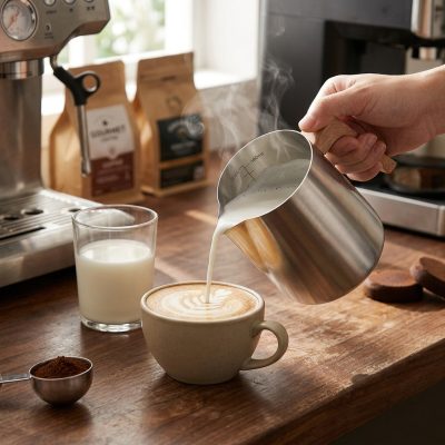 קנקן הקצפה מקצועי מפלדת אל-חלד עם ידית עץ וסקאלה פנימית - ללאטה ארט מושלם