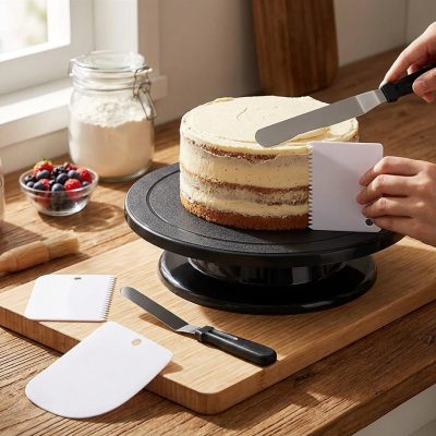 סט 6 חלקים מקצועי לעיצוב עוגות: מעמד מסתובב 28 ס"מ + פלטות וקלפי החלקה