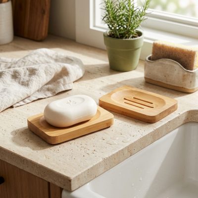 מעמד במבוק טבעי לסבון עם ניקוז – מושלם לכיור המטבח ולשמירה על הטריות