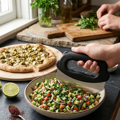 קוצץ נדנוד מקצועי לפיצה, סלטים ועשבי תיבול - פלדת אל-חלד עם ידית נוחה