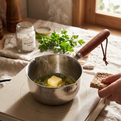 קלחת נירוסטה קטנה ומעוצבת עם ידית עץ – מושלמת להמסת חמאה, חימום חלב ורטבים