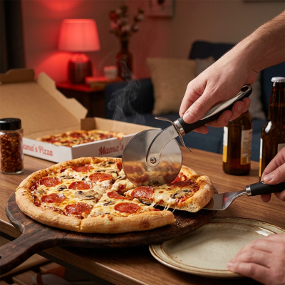 סט 2 חלקים לפיצה ומאפים: גלגלת חיתוך חדה ומרית הגשה מנירוסטה איכותית