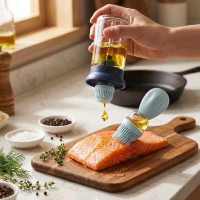 בקבוק שמן לבישול ואפייה עם מברשת סיליקון מובנית לבקרה כמותית