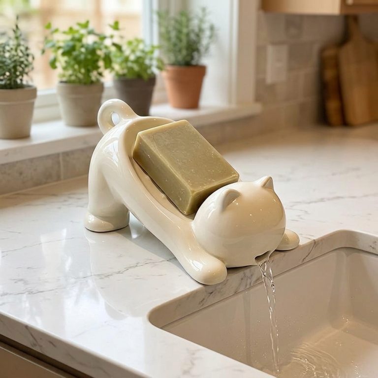 מעמד סבון "חתול מתמתח" עם ניקוז מים חכם – פתרון מעוצב למטבח ולבית