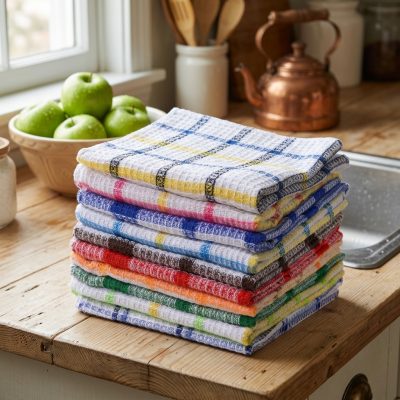 סט 10 מגבות מטבח בטקסטורת וופל לספיגה גבוהה וייבוש מהיר