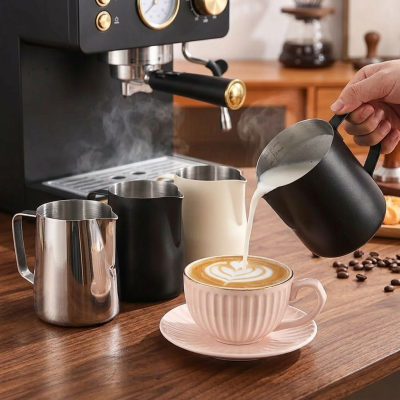 קנקן הקצפת חלב מקצועי מפלדת אל-חלד עם סרגל מדידה ללאטה ארט