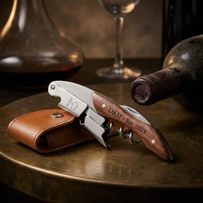 פותחן יין מעוצב עם ידית עץ וחריטה אישית – כולל נרתיק עור יוקרתי