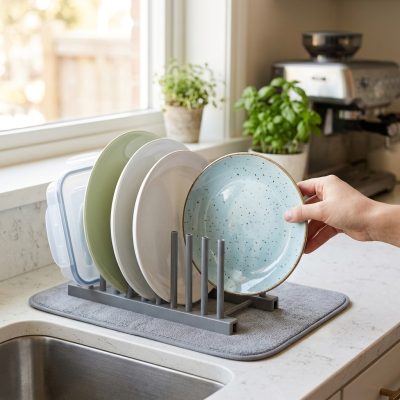 מתקן ייבוש צלחות ומכסים קומפקטי לשיש - פתרון ארגון חכם למטבח