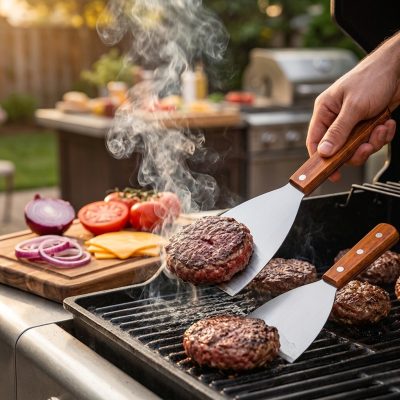 שפכטל נירוסטה מקצועי עם ידית עץ להמבורגר, פיצה וגריל - כלי בישול רב-תכליתי