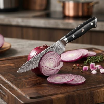 סכין Utility מקצועית 5 אינץ' TURWHO מפלדת דמשק - לדיוק מקסימלי במטבח