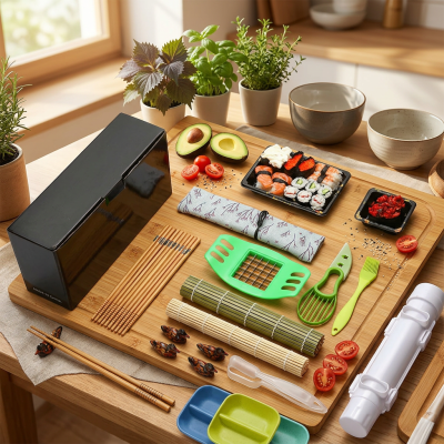 ערכה מקצועית להכנת סושי ביתי - כולל מכשיר בזוקה, מחצלות במבוק וכלי הגשה