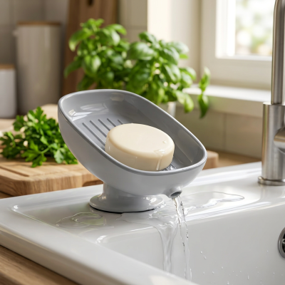 מעמד סבון וספוג מעוצב עם ניקוז מים עצמי ובסיס ואקום עוצמתי - לשיש נקי והיגייני