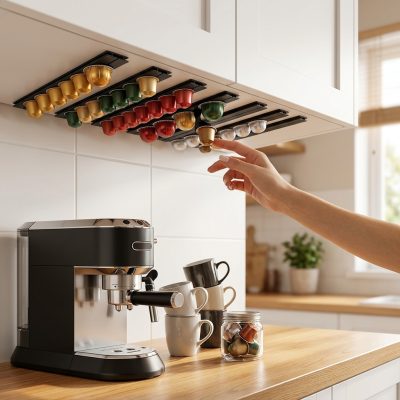 סט 6 פסי אחסון מעוצבים לקפסולות קפה – פתרון חכם לחיסכון במקום על השיש