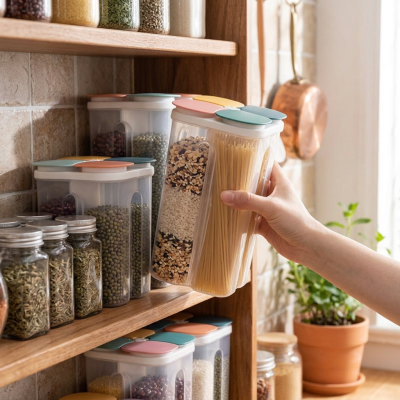 מיכל אחסון חכם ומחולק ל-4 תאים לקטניות, דגנים ופסטה - לשמירה על הטריות