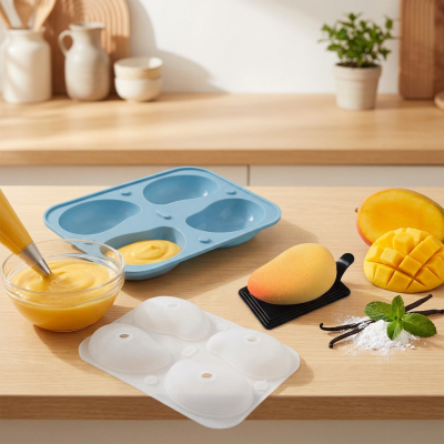 תבנית סיליקון תלת-ממדית (3D) בצורת מנגו לקינוחי מוס ושוקולד - 4 שקעים