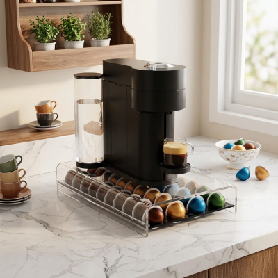 מעמד מגירה דקורטיבי ל-40 קפסולות נספרסו Vertuo - ארגונית אקרילית למטבח