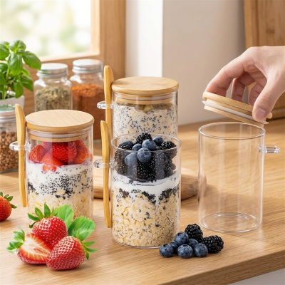 סט צנצנות זכוכית הרמטיות עם מכסי במבוק וכפיות - מושלם לשיבולת שועל ואחסון מעוצב