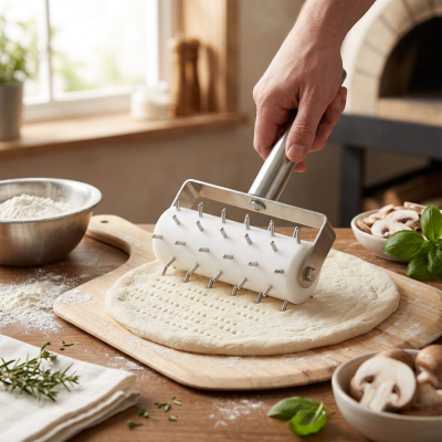 דוקרן בצק מקצועי לפיצה ומאפים עם ידית נירוסטה - למניעת בועות ואפייה אחידה